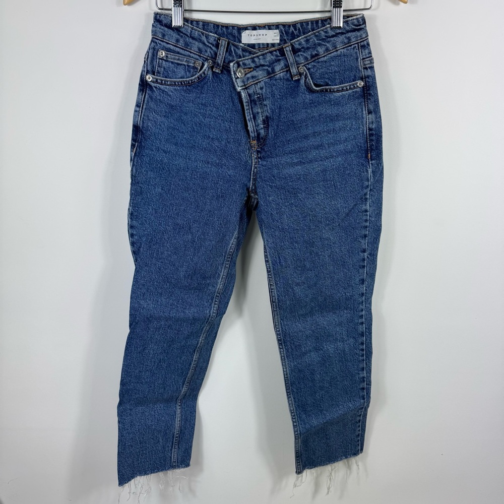 Topshop Raw Hem Straight Denim Asymmetrical Wrap Buckle Size 26/27